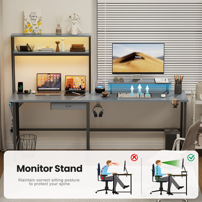 L Shaped Gaming Desk with LED & Power Outlets, Computer Desk with Monitor Stand