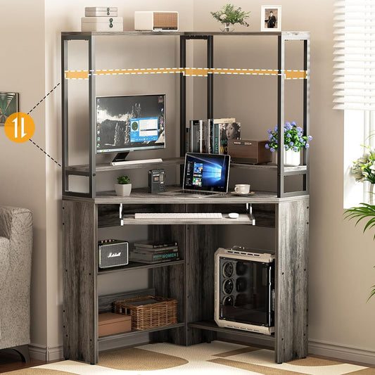 Triangle Corner Computer Desk with Keyboard Tray & Hutch & LED Lights & Outlets
