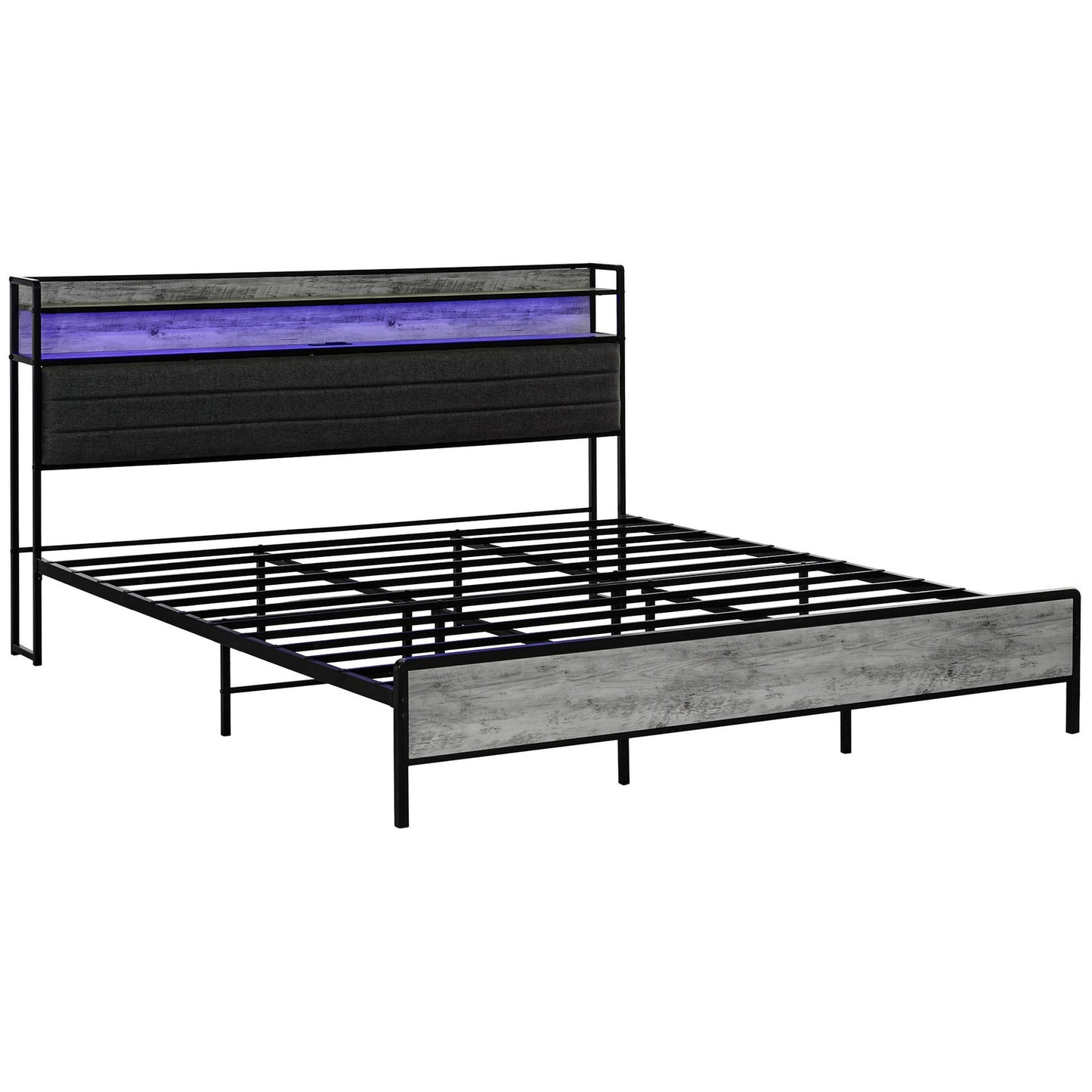 LED King Size Bed Frame with Headboard Charging Station, Cement Gray