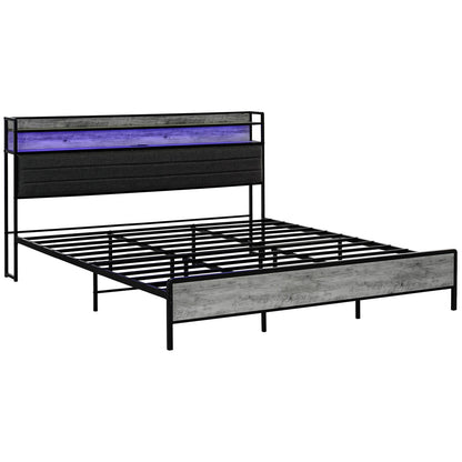 LED King Size Bed Frame with Headboard Charging Station, Cement Gray