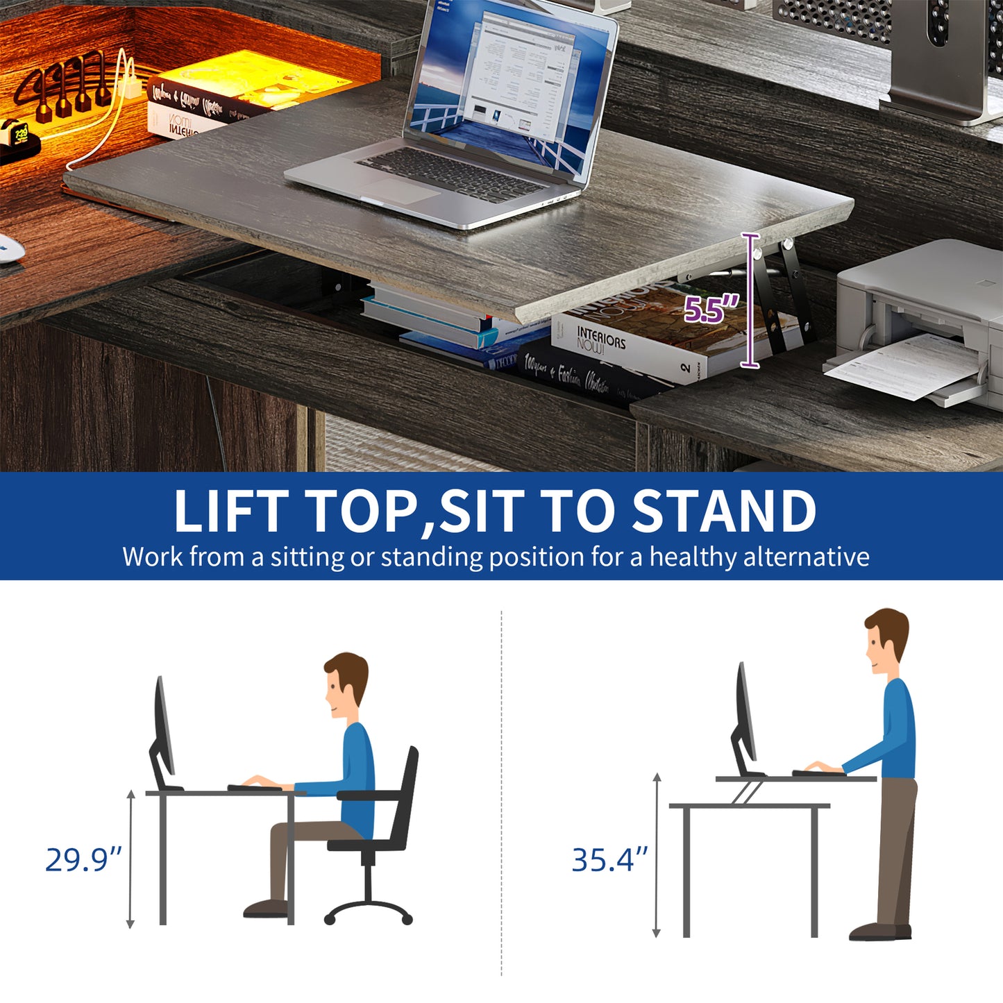 60" Lift Top L Shaped Desk with Power Outlets & LED Lights Corner Computer Desk