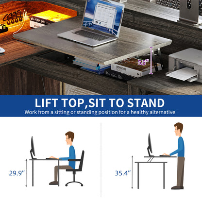 60" Lift Top L Shaped Desk with Power Outlets & LED Lights Corner Computer Desk
