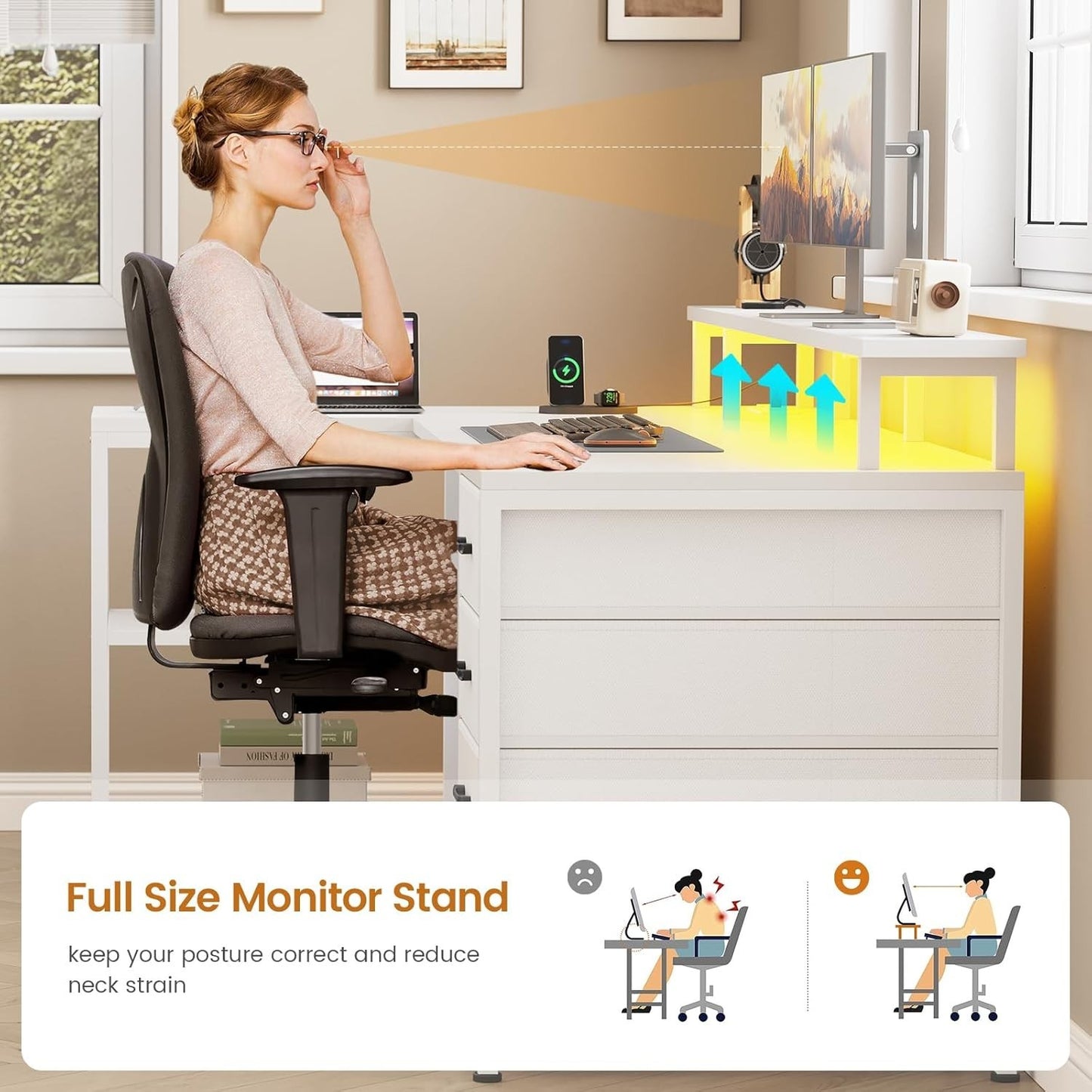 L Shaped Desk with 4 Drawers &Storage Shelves, Corner Computer Desk w/LED Lights
