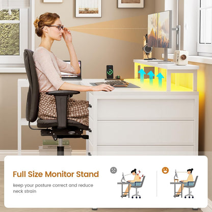 L Shaped Desk with 4 Drawers &Storage Shelves, Corner Computer Desk w/LED Lights