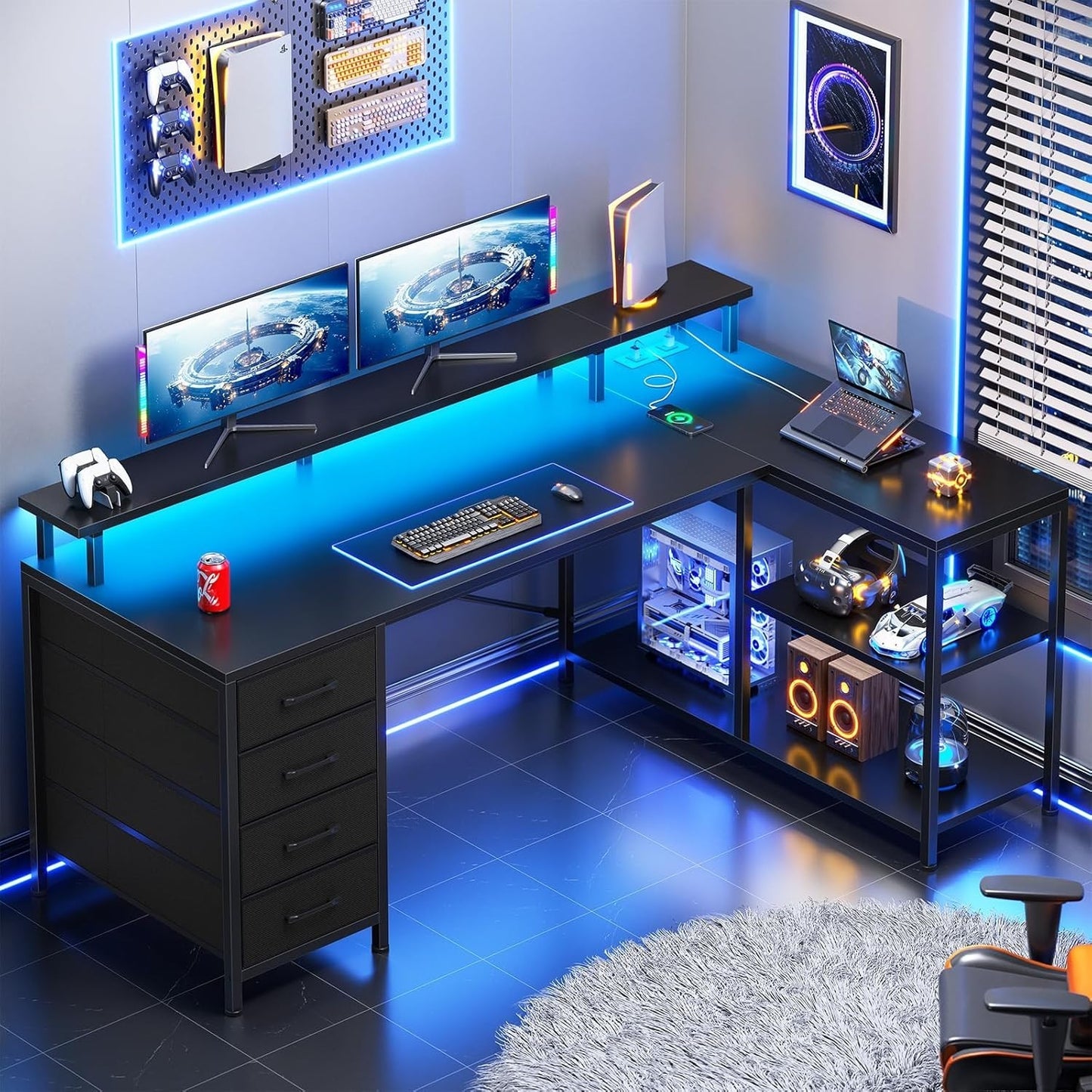 L Shaped Desk with 4 Drawers &Storage Shelves, Corner Computer Desk w/LED Lights