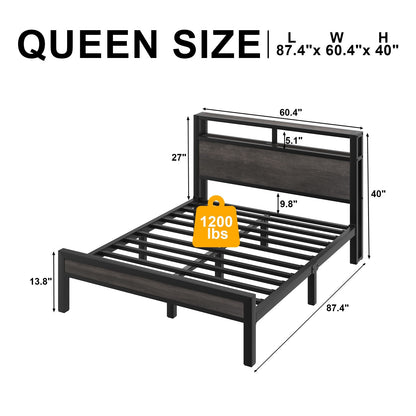 LED Light Bed Frame with 2-Tier Storage Headboard and Charging Station/Grey