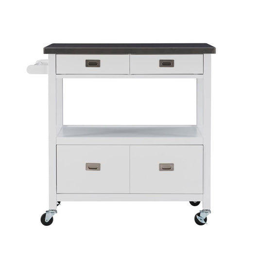 Linon Sydney Wood Rolling Kitchen Storage Cart Stainless Steel Top In White