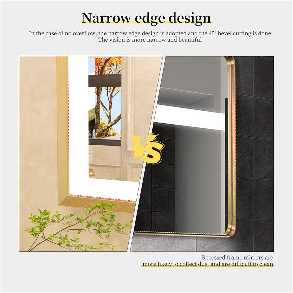 LED Mirror Bathroom Wall Mirrors w/ Lights Gold Frame Dimmable 3 Colors Anti-fog