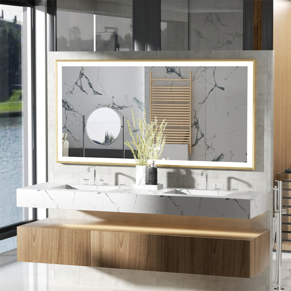 LED Mirror Bathroom Wall Mirrors w/ Lights Gold Frame Dimmable 3 Colors Anti-fog