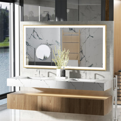 LED Mirror Bathroom Wall Mirrors w/ Lights Gold Frame Dimmable 3 Colors Anti-fog