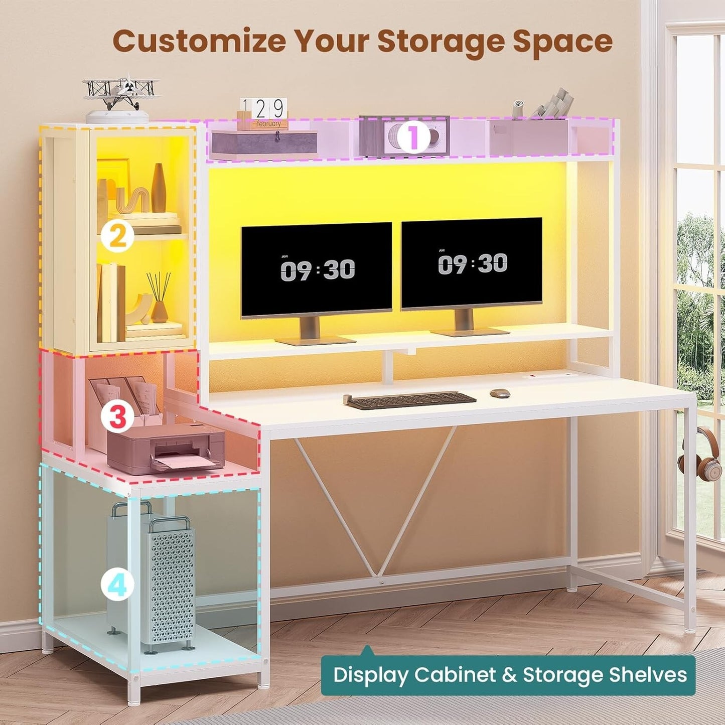 60'' Gaming Desk with Hutch and LED Lights, Computer Desk with Storage Shelves