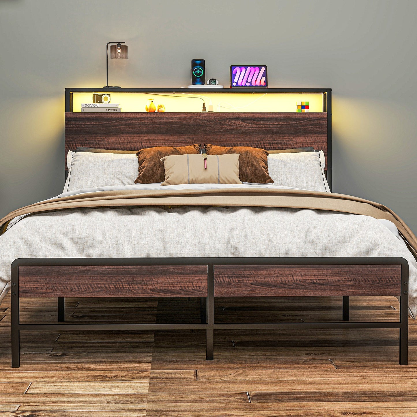 Full Bed Frame with Headboard, LED Lights, Charging Station, Walnut