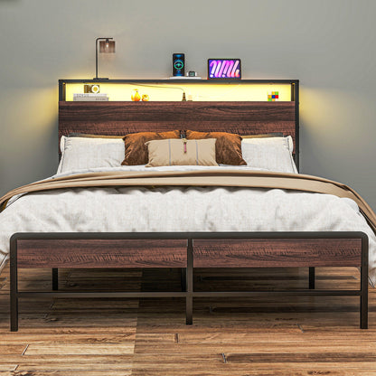 Full Bed Frame with Headboard, LED Lights, Charging Station, Walnut