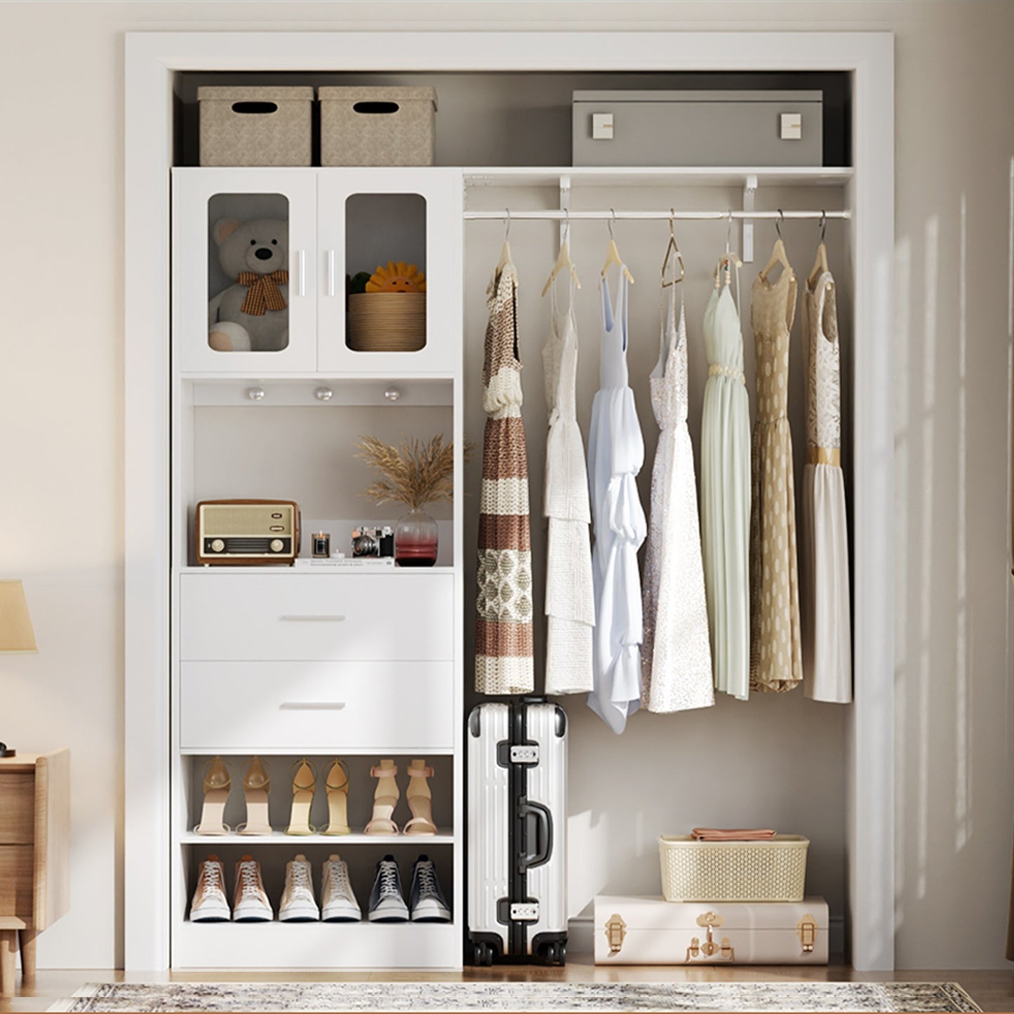 60'' W Walk-in Closet Organizer System with Door Storage Cabinet and Wood Drawer