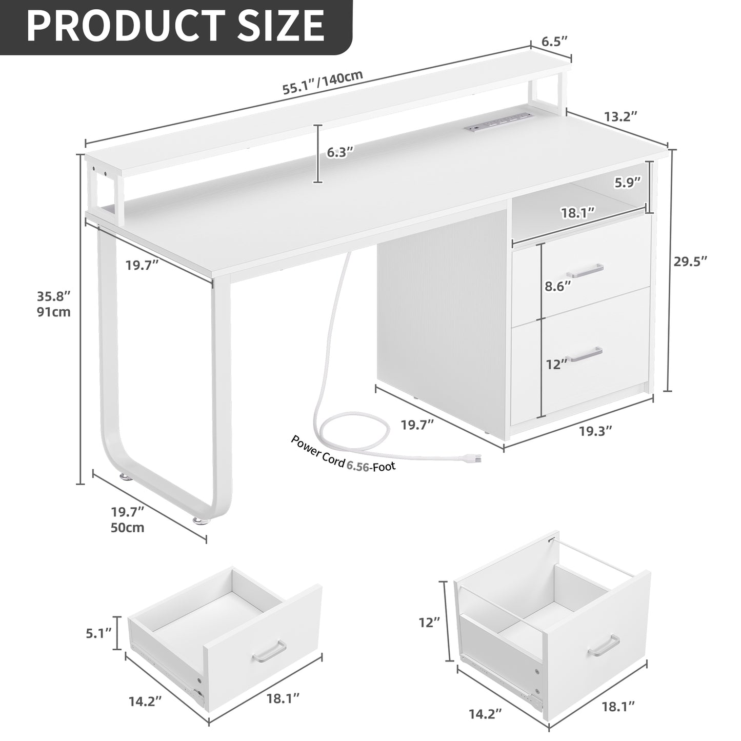 55 inch LED Computer Desk Office Desk with Drawer Gaming Desk with Power Outlets