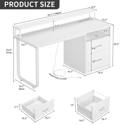 55 inch LED Computer Desk Office Desk with Drawer Gaming Desk with Power Outlets