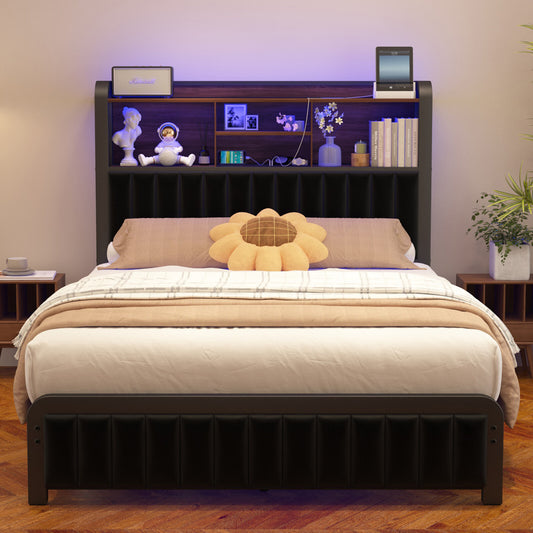 E-Motie Full Size LED Bed Frame with Storage Headboard and Charging Station