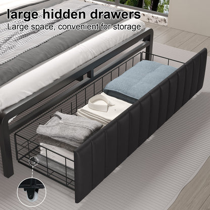 Full Queen Size Metal Platform Bed Frame with 2-Tier Storage Headboard＆Drawers