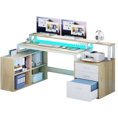 65 in L Shaped Computer Desk with File Drawer Desk w/ Power Outlets & LED Lights