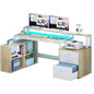 65 in L Shaped Computer Desk with File Drawer Desk w/ Power Outlets & LED Lights
