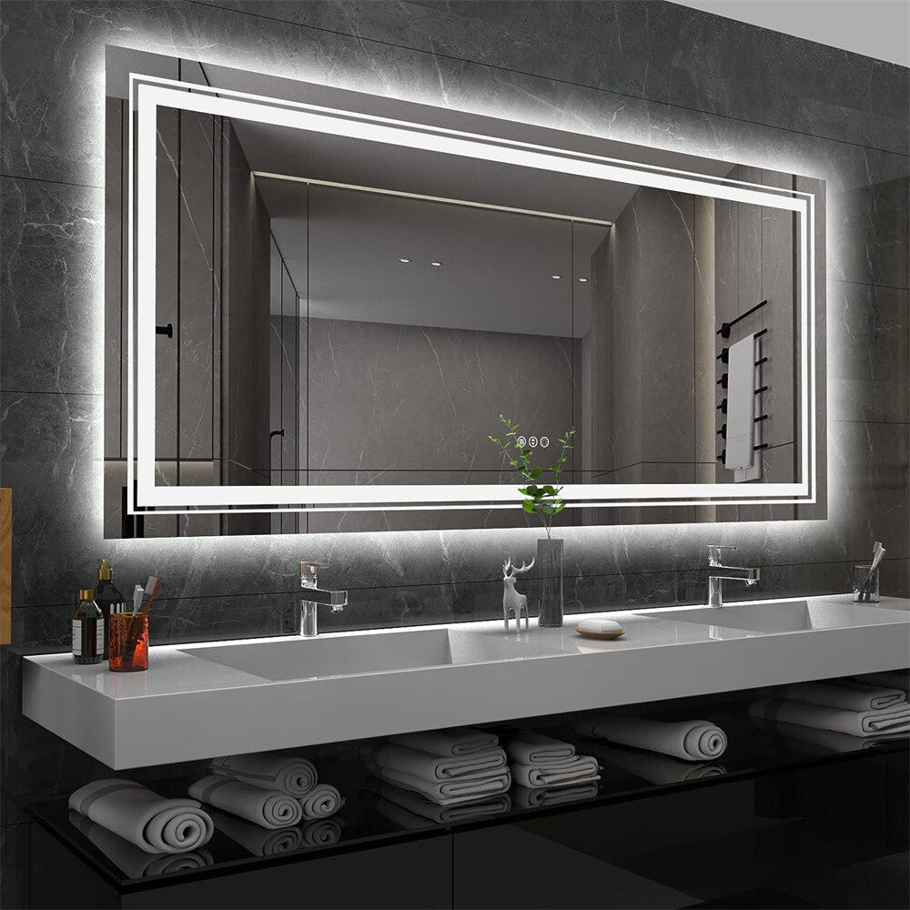 Shatter-Proof LED Bathroom Mirror with Lights Anti-Fog Stepless Dimmable Memory