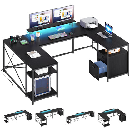 79 inch U Shaped Desk with Power Outlets & LED Lights Reversible Computer Desk
