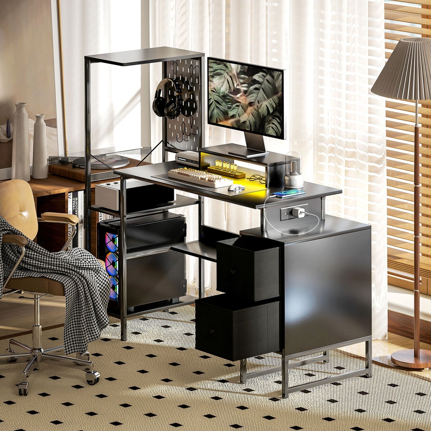 56" Computer Desk with LED Lights, PC Desk with Monitor Stand, Black