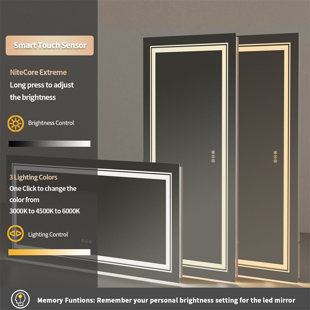 Shatter-Proof LED Bathroom Mirror with Lights Anti-Fog Stepless Dimmable Memory