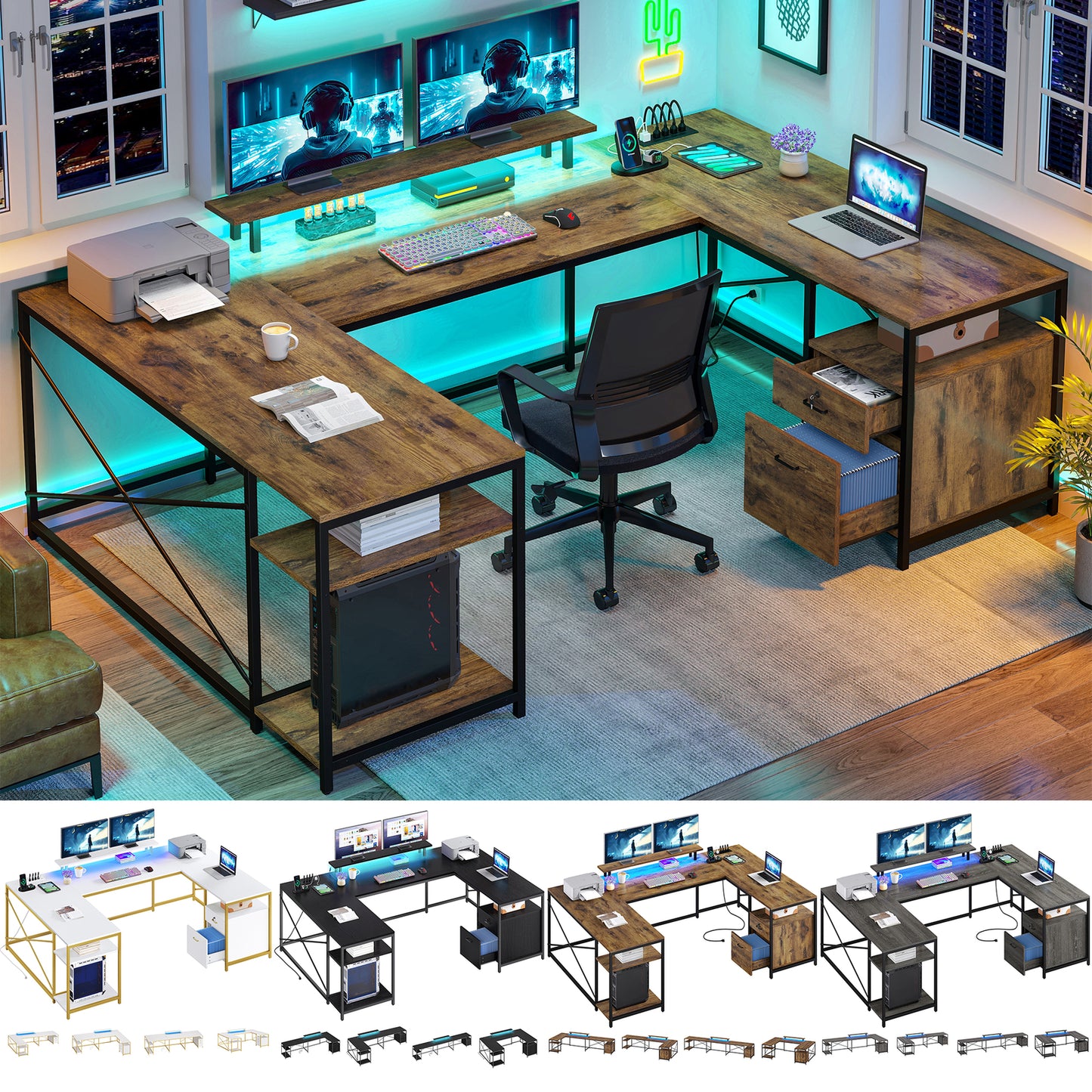 79 inch U Shaped Desk with Power Outlets & LED Lights Reversible Computer Desk