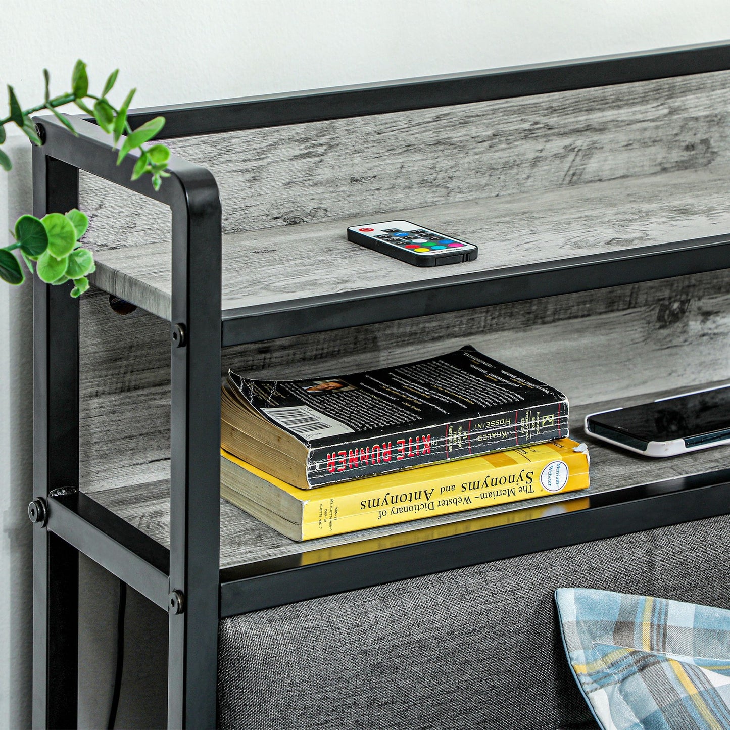 LED King Size Bed Frame with Headboard Charging Station, Cement Gray