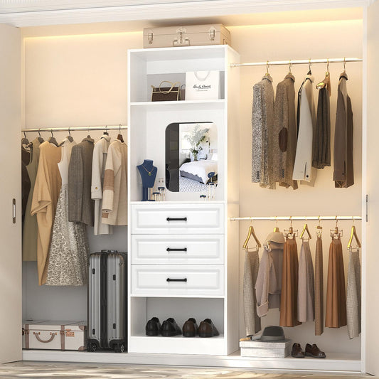 48''-96'' Walk-in Closet Organizer System with Mirror ＆ Drawers ＆ 3 Hanging Rods
