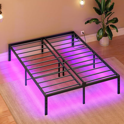 Full Bed Frame with LED Lights Metal Platform Bed Frame with Charging Station