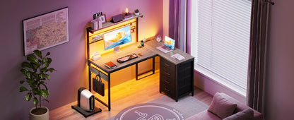 Office Table Reversible Computer Desk L Shaped Gaming Desk w/ Hook & LED Lights