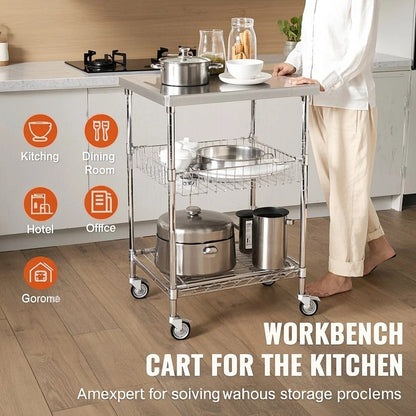 3-Tier Utility Cart Rolling Cart on Wheels 24"x20"x36.6" 470 LBS 6 Hooks