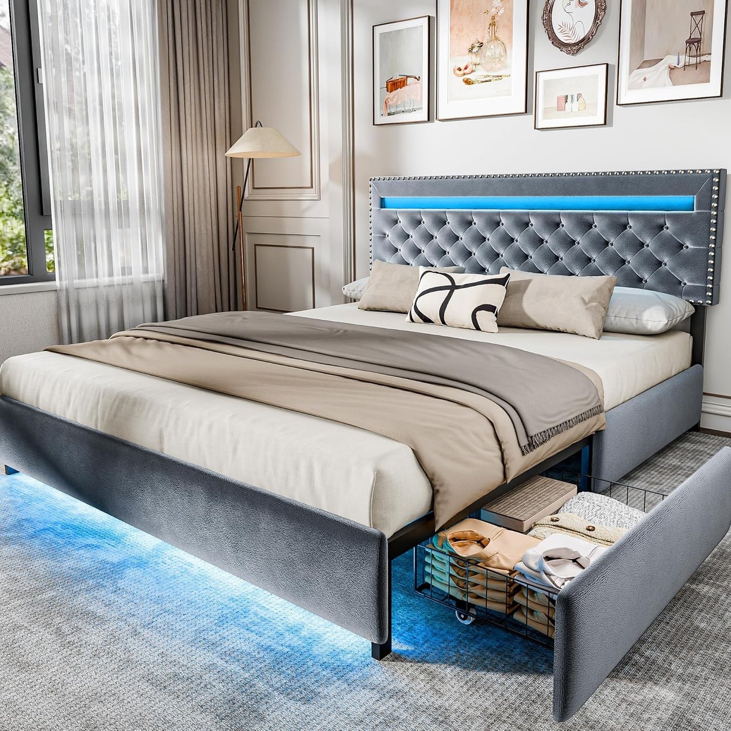 Queen Size Bed Frame with LED Lights Velvet Upholstered Platform with Storage f