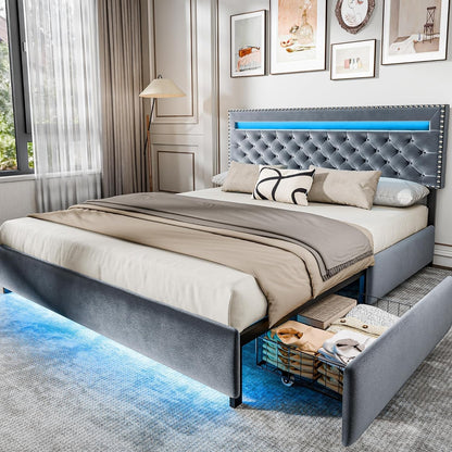 Queen Size Bed Frame with LED Lights Velvet Upholstered Platform with Storage f