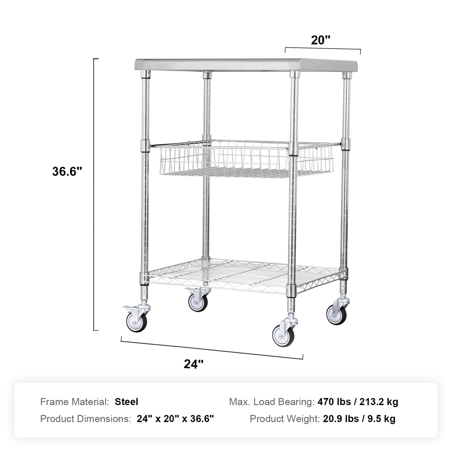 3-Tier Utility Cart Rolling Cart on Wheels 24"x20"x36.6" 470 LBS 6 Hooks