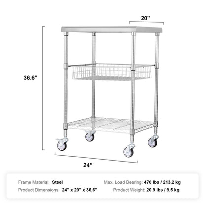 3-Tier Utility Cart Rolling Cart on Wheels 24"x20"x36.6" 470 LBS 6 Hooks