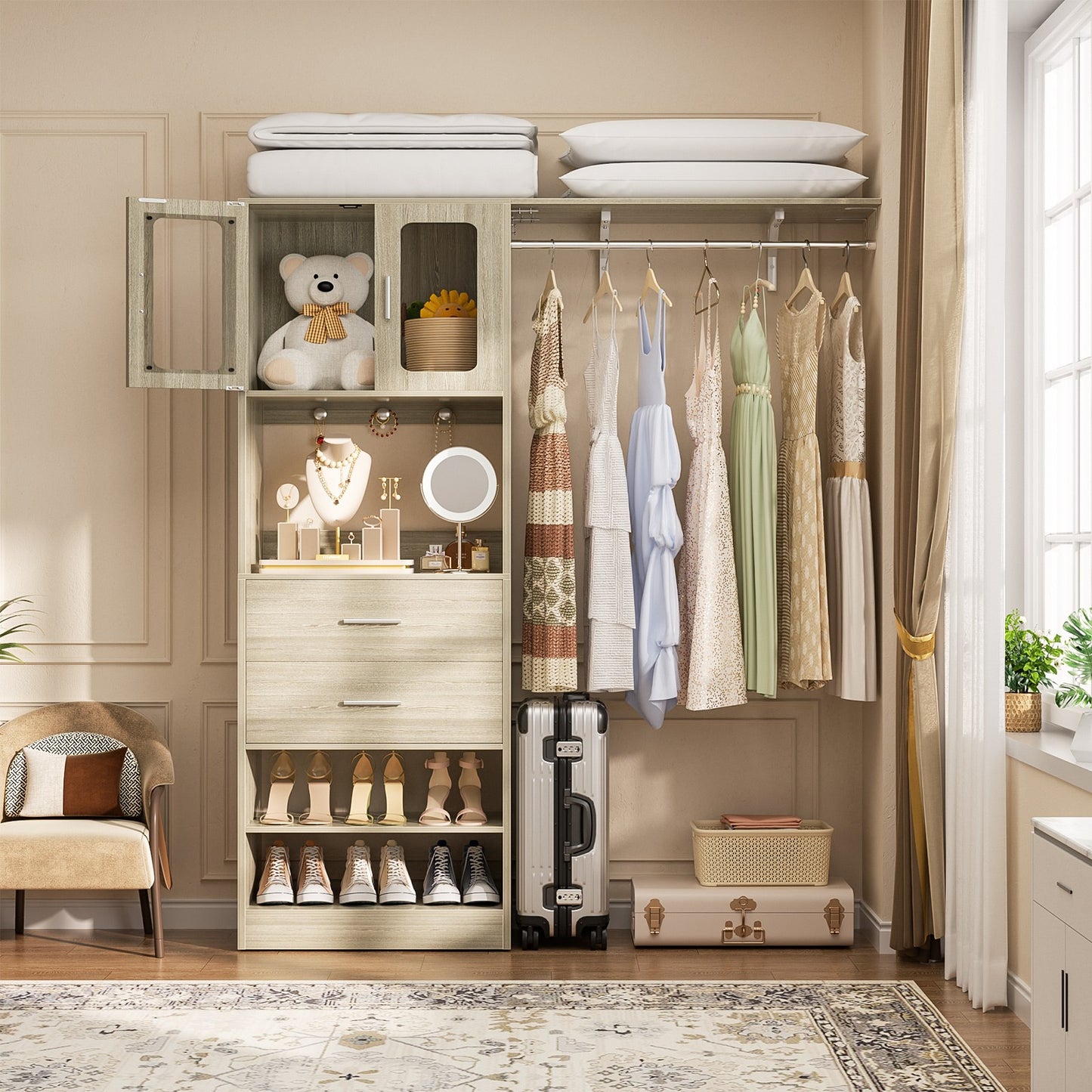 60'' W Walk-in Closet Organizer System with Door Storage Cabinet and Wood Drawer