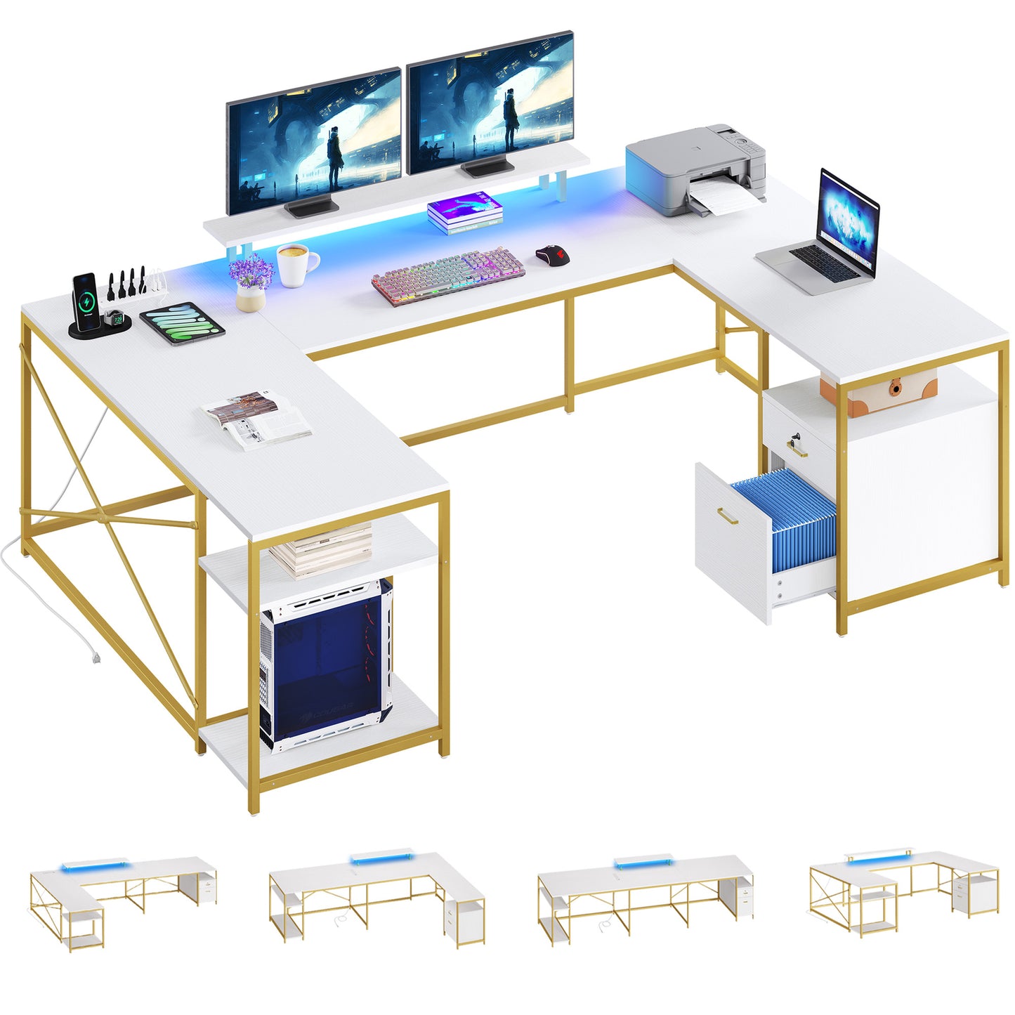 79 inch U Shaped Desk with Power Outlets & LED Lights Reversible Computer Desk