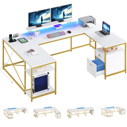 79 inch U Shaped Desk with Power Outlets & LED Lights Reversible Computer Desk