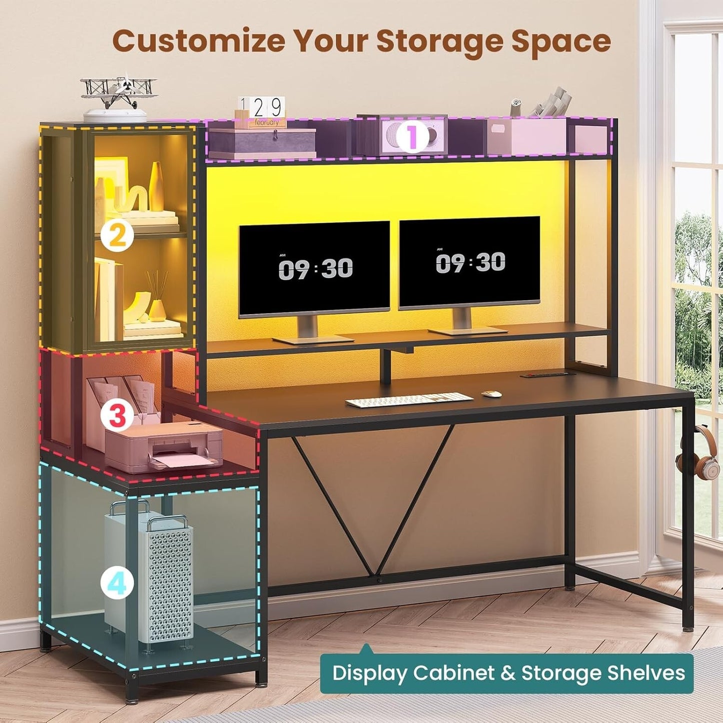 60'' Gaming Desk with Hutch and LED Lights, Computer Desk with Storage Shelves