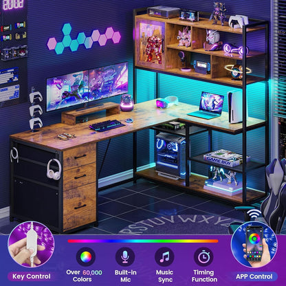 L Shaped Computer Desk with LED Light &Bookshelf 58'' Office Desk with 3 Drawers