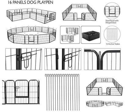 24" Heavy Duty Metal Dog Cat Exercise Fence Playpen Kennel 16 Panel Safe For Pet