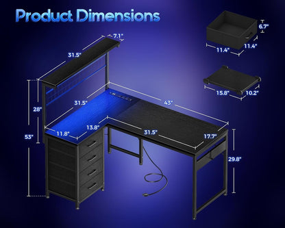 Office Table Reversible Computer Desk L Shaped Gaming Desk w/ Hook & LED Lights