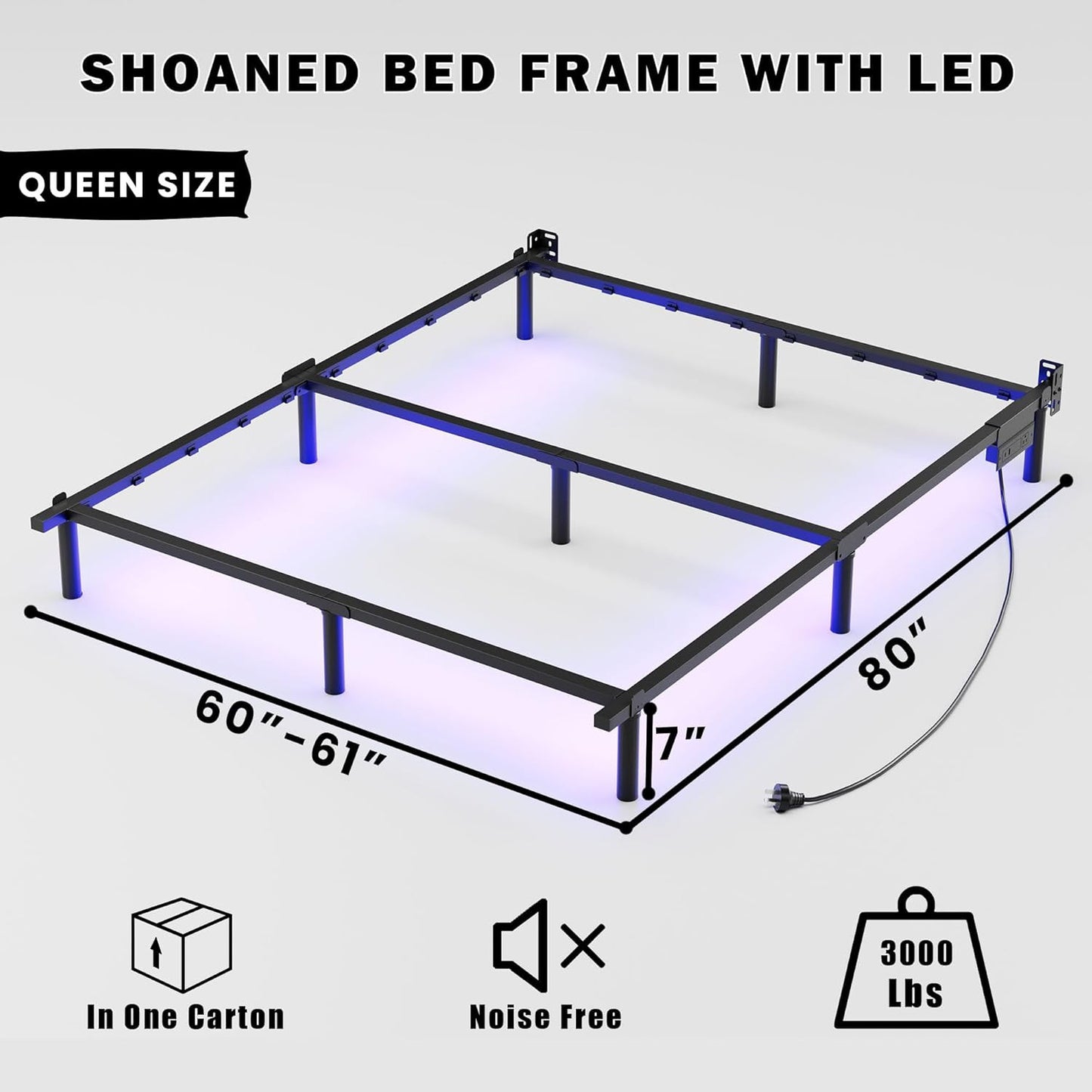Queen Size Bed Frame with LED, 7 Inch Metal Steel Bedframe for Box Spring and Ma
