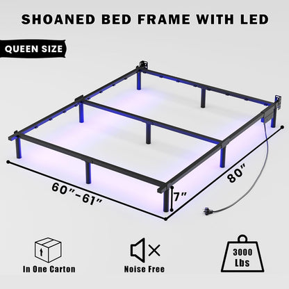 Queen Size Bed Frame with LED, 7 Inch Metal Steel Bedframe for Box Spring and Ma