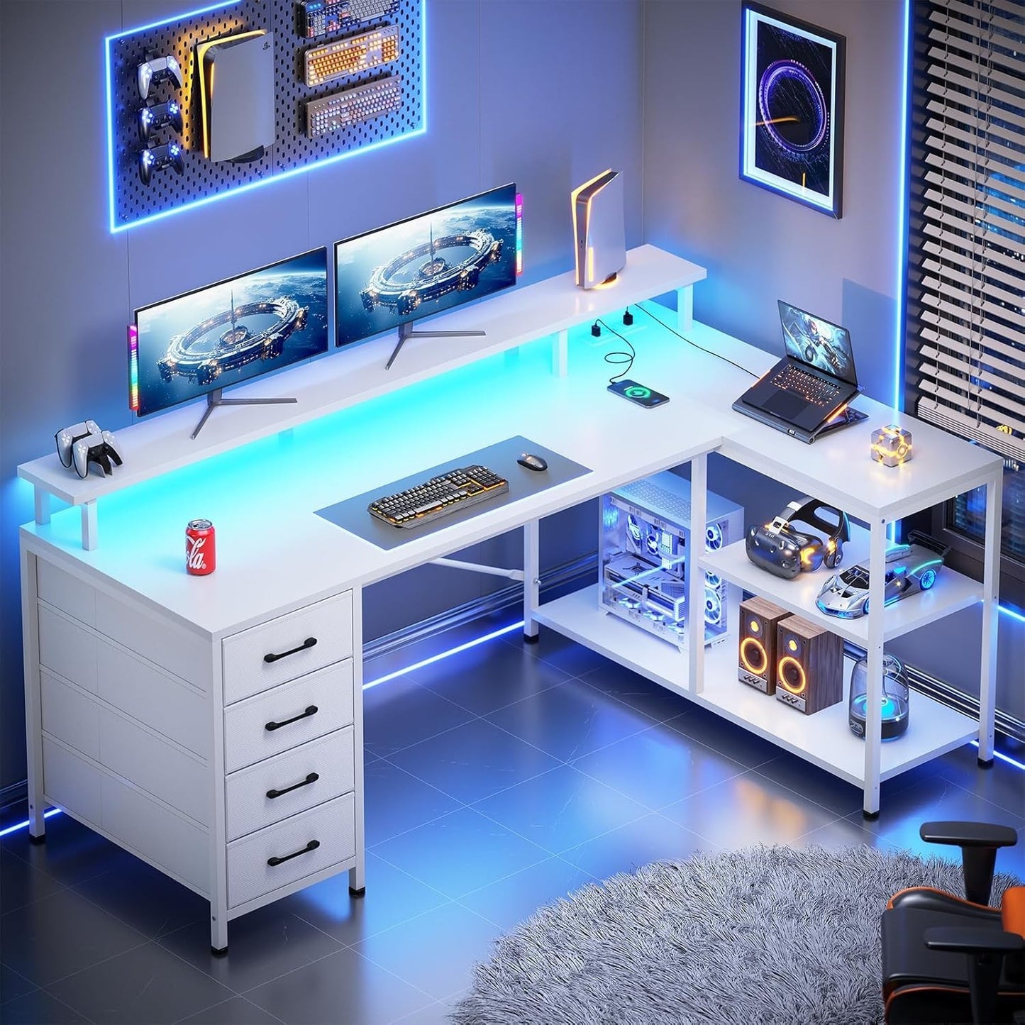 L Shaped Desk with 4 Drawers &Storage Shelves, Corner Computer Desk w/LED Lights