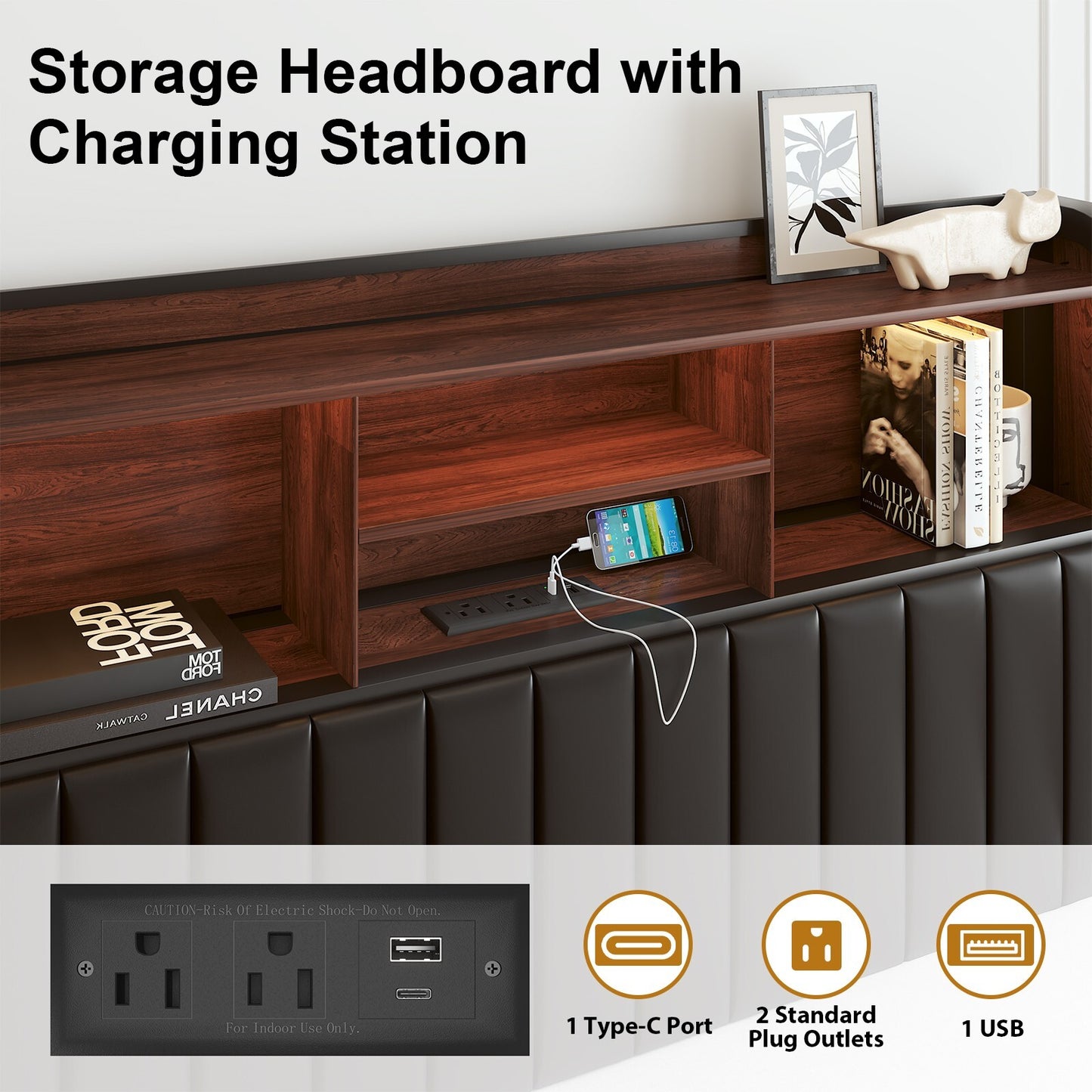 Queen Size LED Bed Frame with 3-Tier Storage Headboard＆Charging Station