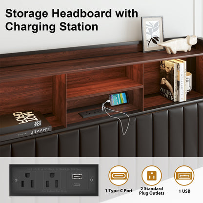 Queen Size LED Bed Frame with 3-Tier Storage Headboard＆Charging Station